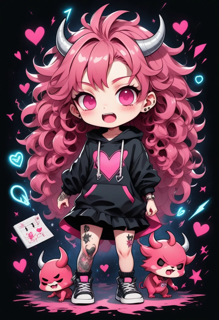 score_9, score_8_up, score_7_up, score_6_up, score_5_up, score_4_up, chibi characters, cute, mean and energetic devil children, pink messy wavy hair, wearing loose baggy hip-hop fashion, make-up, covered in tattoos, background another dimension, notes effects, star effects, heart effects, glitter effects, (ultra detailed, absolutely resolution, best quality:1.3), artistic, hyper, graphic CG digital pop art