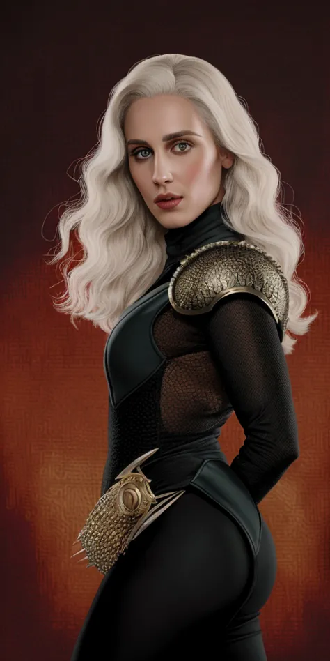 a beautiful woman with platinum hair and platinum eyes. rhaenys targaryen, the conqueror. playful and impulsive. realistic, prof...