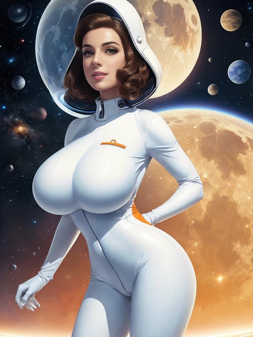 (masterpiece, top quality, best quality, official art, beautiful and aesthetic:1.2), (1girl:1.3), light freckles, fair skin, extremely detailed, portrait, looking at viewer, solo, (full body:0.6), detailed background, close up, (bright space pinup theme:1.1), busty 1950's pinup brunette space girl, charlatan, smiling, happy, mysterious, spacewalk, modest attire, white and orange space suit, spacesuit, helmet, bodysuit, ray gun, long boots, pouches, jetpack, glass helmet, rocket ship, ((((narrow hips, slim sexy body, medium breasts)))), slim waist, slim hips, long legs, futuristic (moon exterior:1.1) background, dark mysterious lighting, shadows, magical atmosphere, dutch angle,