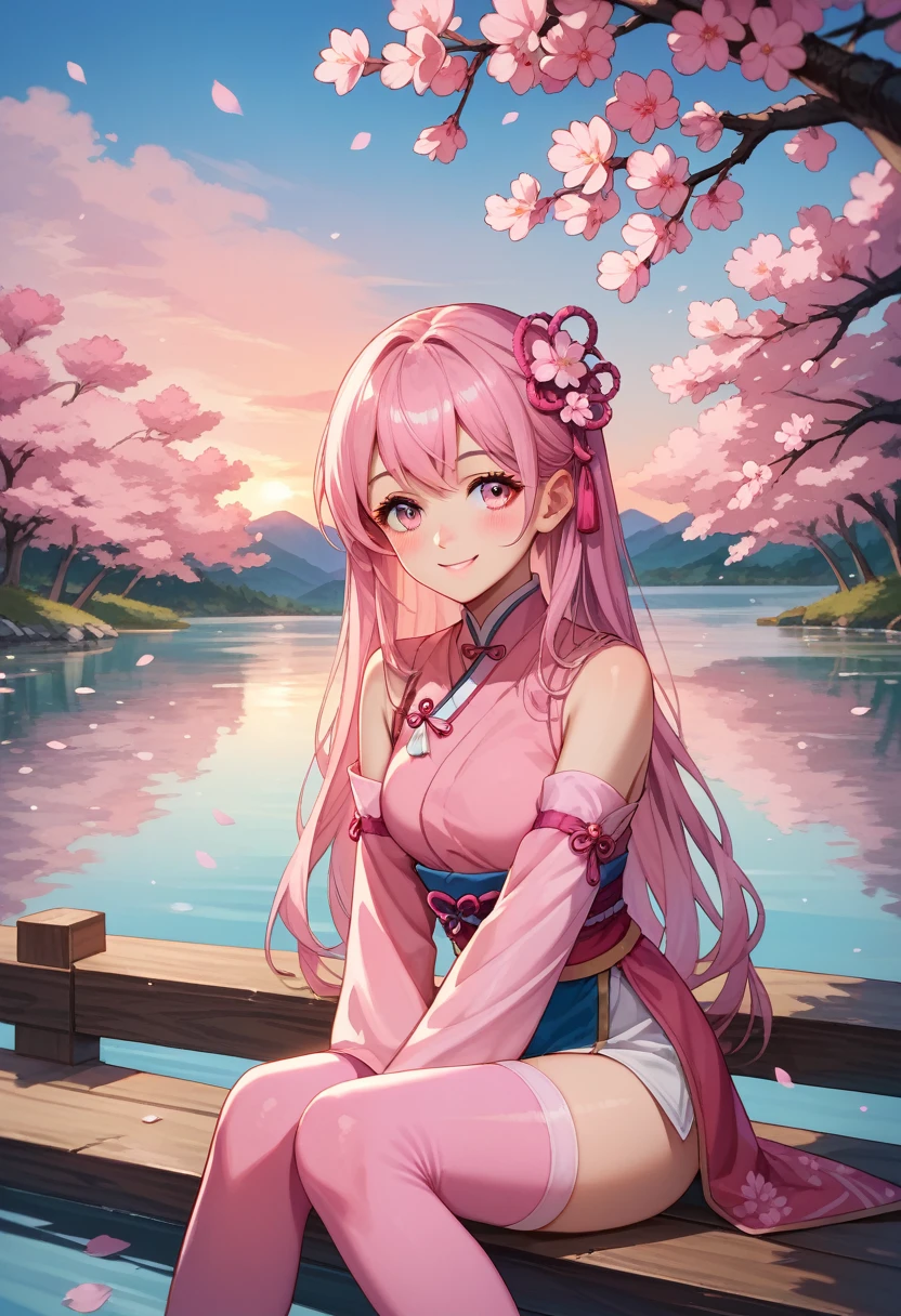 sakuramika, upper body, smile, blush, sitting, ((Cherry blossoms)), ((pink sleeve)), pink tone, ((Pink stockings)), pink sky, sunset, lake, reflection