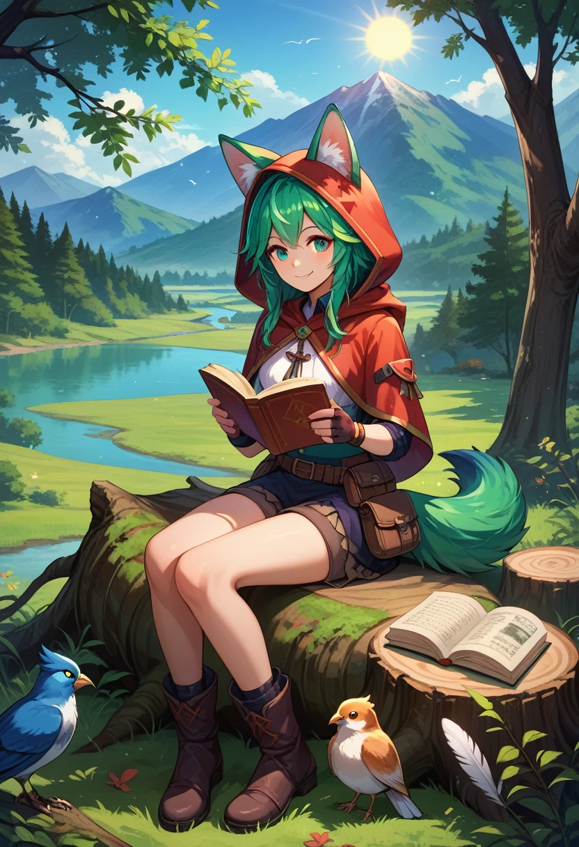 masterpiece, Best quality,, 1 girl, sitting, animal, animal ears, bird, black_hair, a book, a bookmark, branch, gloves, grass, green hair, holding, holding a book, Hood, Hood down, sheet, I look at the viewer, multicolored hair, ohandle_a book, partially fingerless gloves, handle, a plant, pouch, feather, reading, sitting, smile, One, Tail, tree, tree stump,, sky, Sun, mountain, the forest, lake