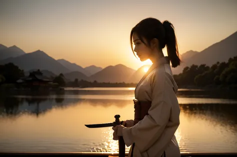 ((upper body)),

a female samurai standing on a wooden platform during sunset, preparing to draw her katana. she is dressed in t...