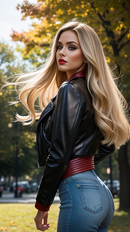 retro style, beautiful female model, glamorous body, plump body, long haired person, blonde, smooth skin, blue eyes, red lips, dark makeup, ((sexy leather jacket outfit)), open shirt, Knee-high boots, realist, outdoors, super realistic 8K, super detailed and realistic, big ass, walk in the park, Posture sculpture, hair blowing in the wind