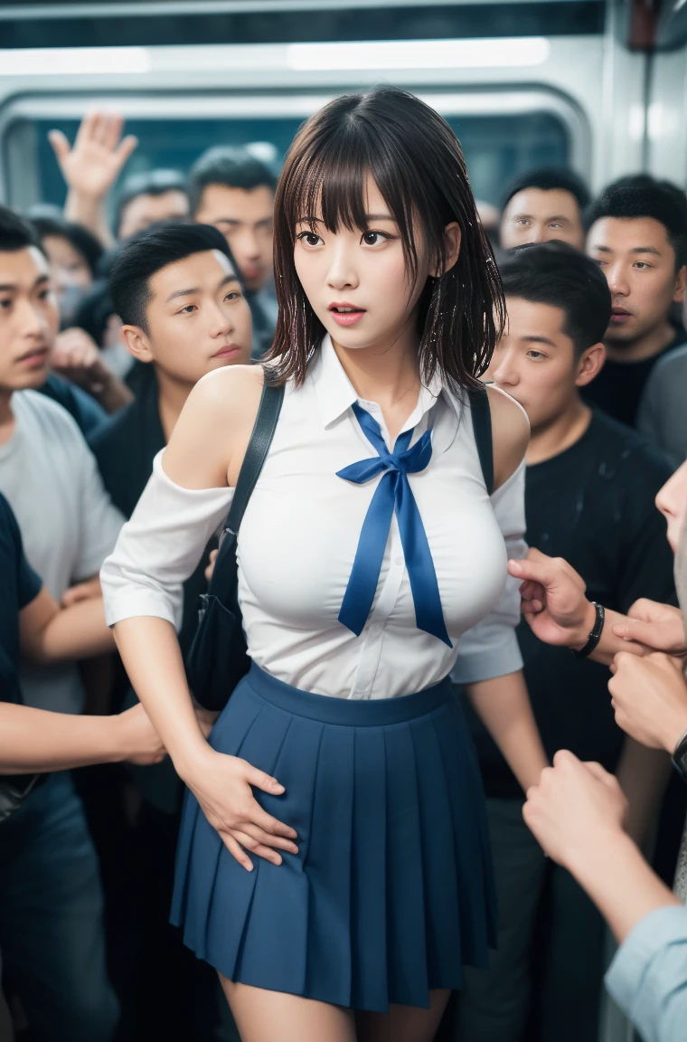 (molestation:1.8) japanese woman, huge breasts:1.5, oversized breasts, (white halfsleeve shirt,darkblue neckribbon,pleated short skirt, darkbrown shoulder length hair,bangs,ear:1.2),Chest grab, in the train, grab your butt, Multiple men around her grab her breasts, Chest grab, multiple hands, masterpiece, highest quality, very detailed, molestation, crowd of men, crowd surfing, very realistic face, very realistic eyes, crowd of men around her, the person who grabs her body, I squeezed my chest, molestation, masterpiece, highest quality, very detailed, 1 girl, multiple hands, Grab your ass with the crazy crowd, Chest grab, the men around her, squeezed body, Many people grab their chests, Be beaten, pulling on clothes, very wet and sweaty, grab clothes, (There are no women in the crowd:1.5), man with necktie