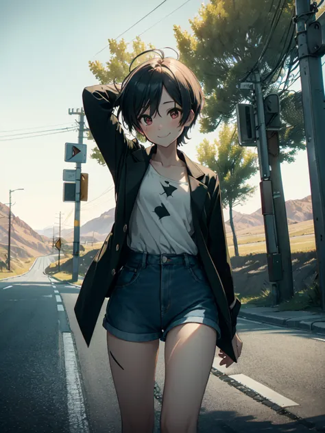 (​masterpiece、top-quality、hight resolution、unity 8k、extremely details cg:1,best picture), flat chest, a girl is hitchhiking. she...