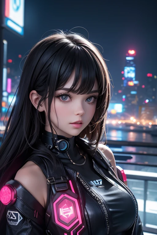 Portrait of Emb-Haiz, Beautiful face, in cyberpunk city at night. She&#39;s wearing a leather open jacket,Lingerie,  black jeans, dramatic lighting, (police badge:1.2).