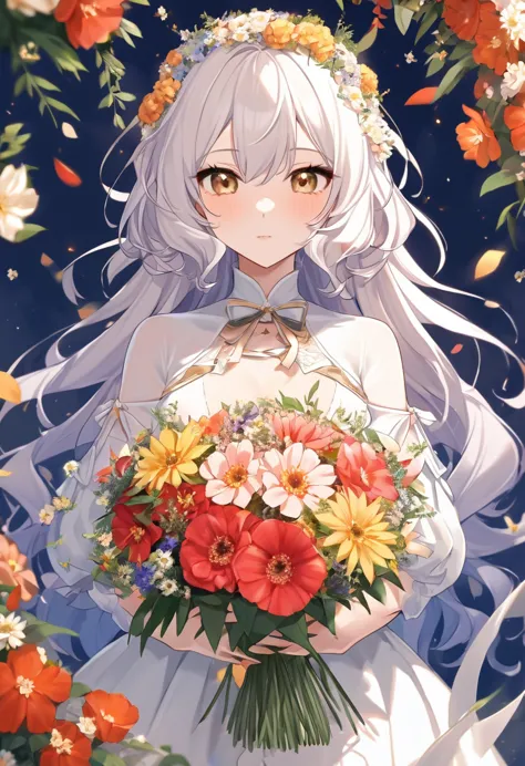 close-up with a bouquet, made of flowers少女, girl in flowers, made of flowers, covered with flowers, with flowers, carrying flowe...