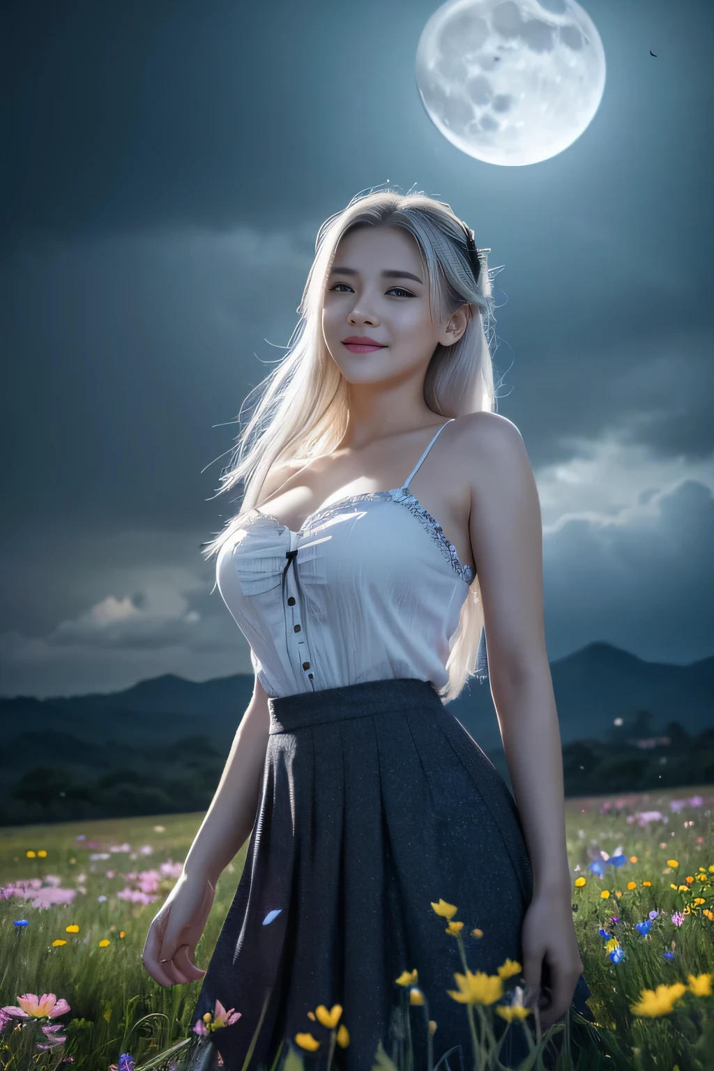 masterpiece, best quality,, 1girl, (colorful),(finely detailed beautiful eyes and detailed face),cinematic lighting,bust shot,extremely detailed CG unity 8k wallpaper,white hair,solo,smile,intricate skirt,((flying petal)),(Flowery meadow), sky, cloudy_sky, building, moonlight, moon, night, (dark theme:1.3), light, fantasy,