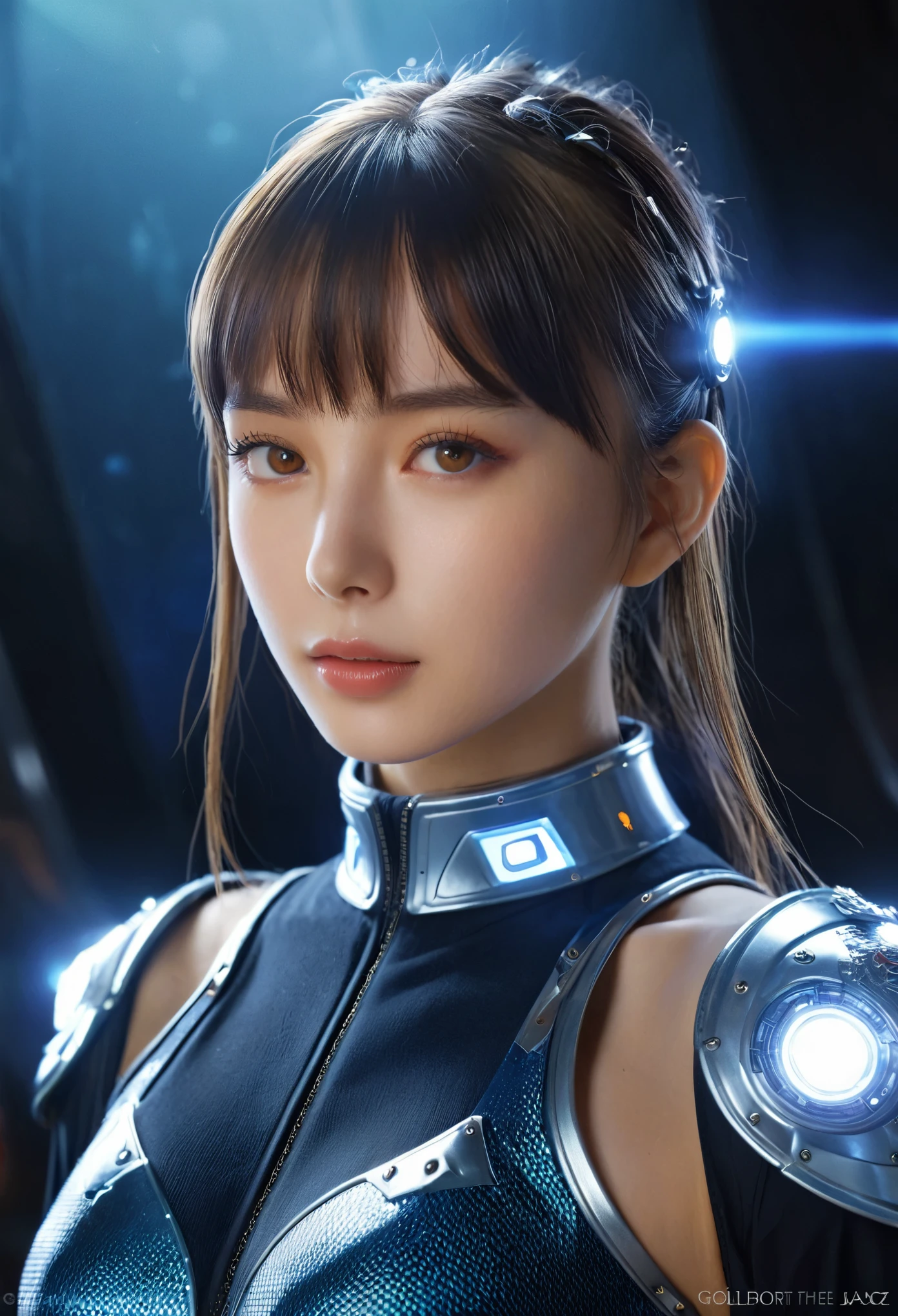 (Best Quality, 4K, 8K, High Resolution, Masterpiece: 1.2), (Super Detailed, Realistic, Photorealistic:1.37), A woman in futuristic clothing, Trending on cgstation, Trending on cgstation, (Portrait of a girl in the Knights of the Zodiac:1.4), blunt bangs, Cute Cyborg Girl, Perfect android girl, Portrait Astronaut Girl, Beautiful girl cyborg, (Girl wearing dark blue and jet black  mechanical cyber armor:1.3), Game CG, cgsociety and fenghua zhong, Beautiful Cyborg Shrine Maiden, Bioluminescence, Yua, (Golden eyes:1.5), Anatomically correct grip, (Sharp and long claws:1.4), erotic and sexy, 