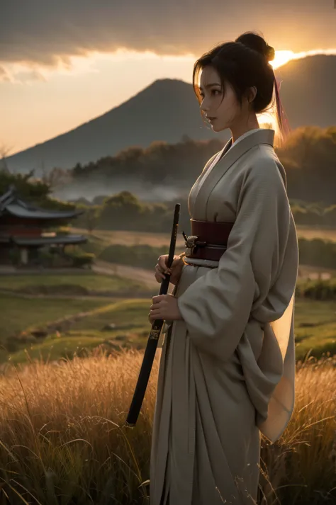 a female samurai walks through a field of tall, swaying grass during japan's sengoku period. the scene is bathed in soft, ethere...