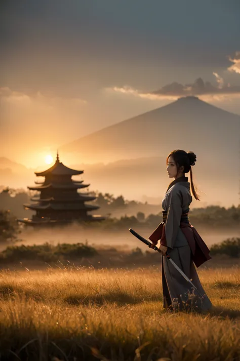 a female samurai walks through a field of tall, swaying grass during japan's sengoku period. the scene is bathed in soft, ethere...