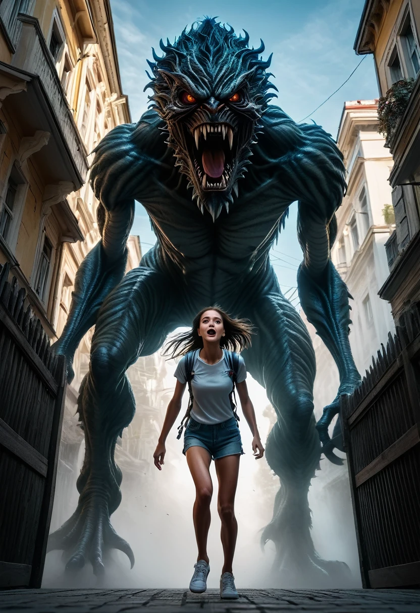 1girl, tall girl chased by a monster, super detailed, intricate, extreme quality photoshot, DSLR, UHD, 8k, dramatic light, dramatic exposure, ambient, front view, low angle shot