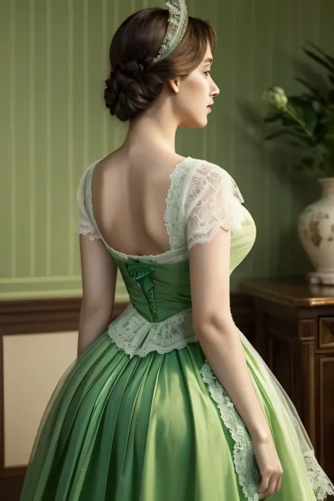 ((high-quality work)), the lines are clear and concise, the green dress and the beautiful pleated lace complement each other, wh...