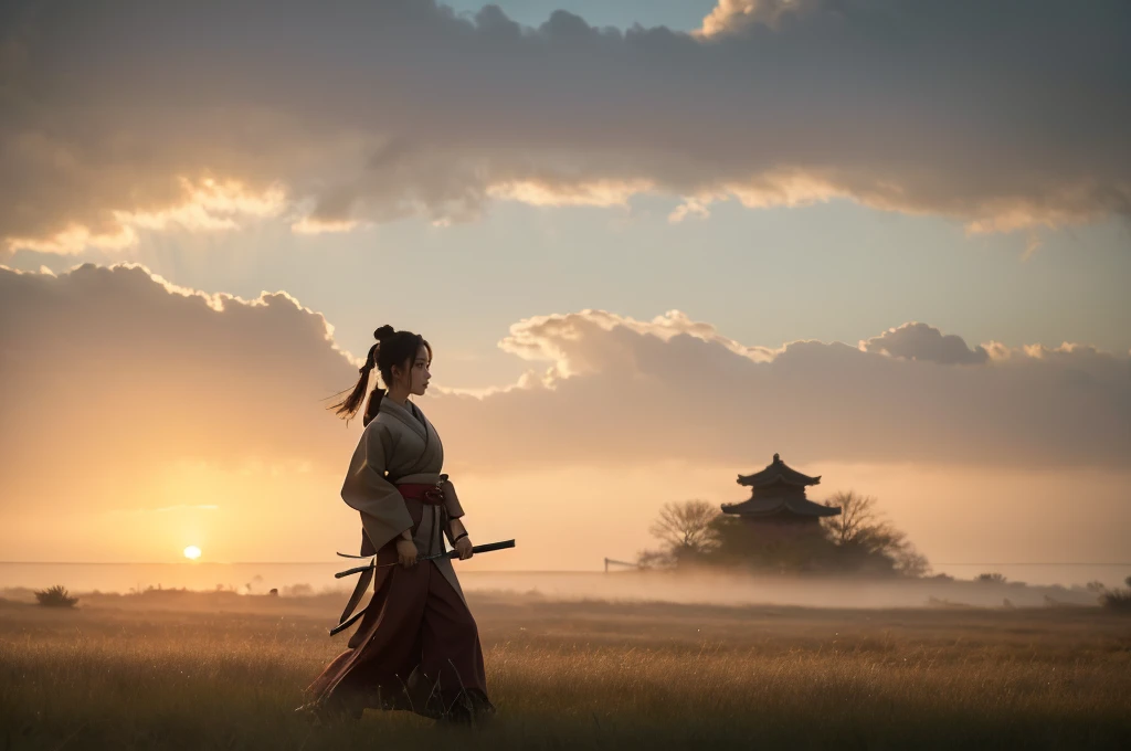 A female samurai walks through a field of tall, swaying grass during Japan's Sengoku period. The scene is bathed in soft, ethereal light, with the warm hues of a setting sun blending with the cool, muted tones of a cloudy sky. Her robes are dark, consisting of an outer black kimono with wide sleeves and a deep maroon inner kimono, which both flow gracefully in the wind. Her hair is tied back in a traditional samurai style, with loose strands framing her focused and contemplative face. She holds a katana in her hand, the blade slightly raised as if she is preparing for or just finishing a battle. The field around her feels alive, with dynamic brushstrokes that create a sense of movement in the grass and leaves blowing in the wind. The distant mountains and castle, barely visible through the misty horizon, evoke a sense of mystery and history. The atmosphere is both serene and tense, capturing the balance between calm reflection and the imminent threat of conflict. The color palette is a mix of soft pastels and deep earth tones, with dramatic light and shadow adding depth to the scene."

Additional Parameters:

Style: Painterly, with dynamic brushstrokes
Lighting: Soft, glowing sunset with light pastel hues, warm highlights blending into cool shadows
Colors: Muted earthy tones for the attire, warm orange and yellow hues for the sunset, soft pink and gray tones in the sky, subtle greens and browns for the grass
Composition: Samurai woman centered, walking through tall grass with mountains and a distant castle barely visible in the background
Environment: Sengoku period in Japan, sunset over a misty, windy field, dynamic and contemplative atmosphere