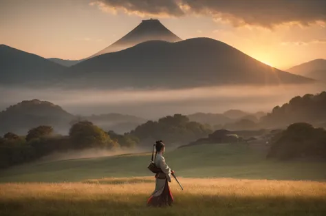 a female samurai walks through a field of tall, swaying grass during japan's sengoku period. the scene is bathed in soft, ethere...