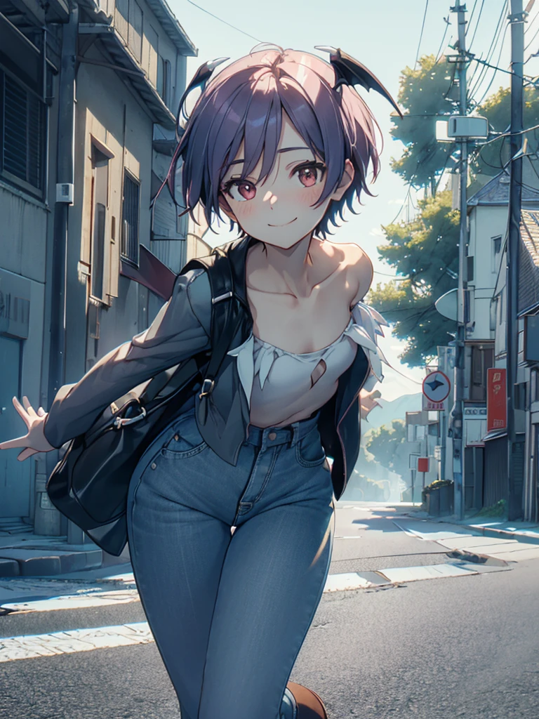 (​masterpiece、top-quality、hight resolution、Unity 8k、extremely details CG:1,Best Picture), flat chest, A girl is hitchhiking. She is standing by the roadside with her bag. The background is a desolate rural landscape, with long stretches of road, few trees and no houses in sight. She raises her arms high, smiles a bashful smile and confidently signals the car to stop, creating a cheeky attitude. It should convey an attempt to stop the car in a secluded and isolated setting, Lilith, Jacket front open. micro shorts, shirt, Waving hello to someone, demon girl