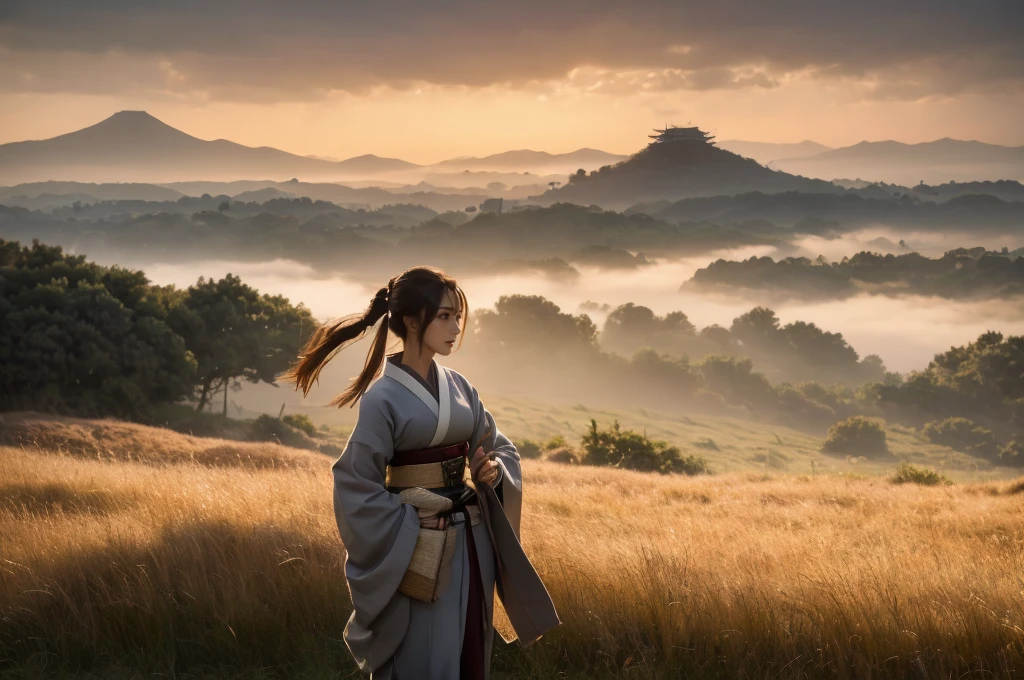 (upper body)),A female samurai walks through a field of tall, swaying grass during Japan's Sengoku period. The scene is bathed in soft, ethereal light, with the warm hues of a setting sun blending with the cool, muted tones of a cloudy sky. Her robes are dark, consisting of an outer black kimono with wide sleeves and a deep maroon inner kimono, which both flow gracefully in the wind. Her hair is tied back in a traditional samurai style, with loose strands framing her focused and contemplative face. She holds a katana in her hand, the blade slightly raised as if she is preparing for or just finishing a battle. The field around her feels alive, with dynamic brushstrokes that create a sense of movement in the grass and leaves blowing in the wind. The distant mountains and castle, barely visible through the misty horizon, evoke a sense of mystery and history. The atmosphere is both serene and tense, capturing the balance between calm reflection and the imminent threat of conflict. The color palette is a mix of soft pastels and deep earth tones, with dramatic light and shadow adding depth to the scene."

Additional Parameters:

Style: Painterly, with dynamic brushstrokes
Lighting: Soft, glowing sunset with light pastel hues, warm highlights blending into cool shadows
Colors: Muted earthy tones for the attire, warm orange and yellow hues for the sunset, soft pink and gray tones in the sky, subtle greens and browns for the grass
Composition: Samurai woman centered, walking through tall grass with mountains and a distant castle barely visible in the background
Environment: Sengoku period in Japan, sunset over a misty, windy field, dynamic and contemplative atmosphere