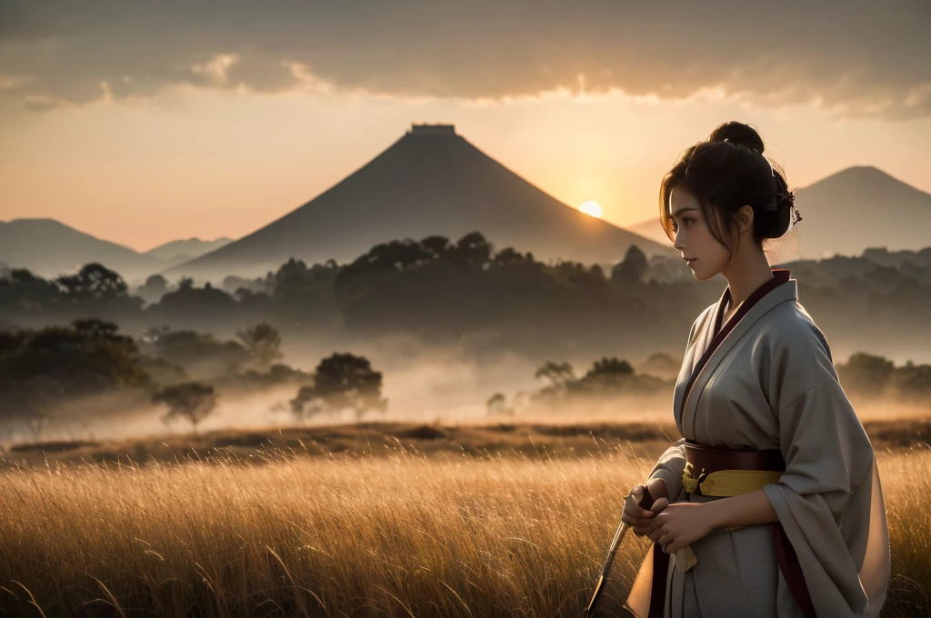 (upper body)),A female samurai walks through a field of tall, swaying grass during Japan's Sengoku period. The scene is bathed in soft, ethereal light, with the warm hues of a setting sun blending with the cool, muted tones of a cloudy sky. Her robes are dark, consisting of an outer black kimono with wide sleeves and a deep maroon inner kimono, which both flow gracefully in the wind. Her hair is tied back in a traditional samurai style, with loose strands framing her focused and contemplative face. She holds a katana in her hand, the blade slightly raised as if she is preparing for or just finishing a battle. The field around her feels alive, with dynamic brushstrokes that create a sense of movement in the grass and leaves blowing in the wind. The distant mountains and castle, barely visible through the misty horizon, evoke a sense of mystery and history. The atmosphere is both serene and tense, capturing the balance between calm reflection and the imminent threat of conflict. The color palette is a mix of soft pastels and deep earth tones, with dramatic light and shadow adding depth to the scene."

Additional Parameters:

Style: Painterly, with dynamic brushstrokes
Lighting: Soft, glowing sunset with light pastel hues, warm highlights blending into cool shadows
Colors: Muted earthy tones for the attire, warm orange and yellow hues for the sunset, soft pink and gray tones in the sky, subtle greens and browns for the grass
Composition: Samurai woman centered, walking through tall grass with mountains and a distant castle barely visible in the background
Environment: Sengoku period in Japan, sunset over a misty, windy field, dynamic and contemplative atmosphere