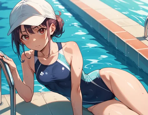 1girl, solo, pool, sports swim suit, small breasts, プールを泳ぐ, クロール, swimcap,