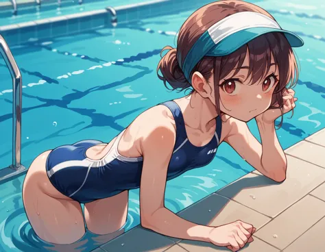 1girl, solo, pool, sports swim suit, small breasts, プールを泳ぐ, クロール, swimcap,