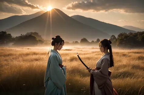 ((upper body)),a female samurai walks through a field of tall, swaying grass during japan's sengoku period. the scene is bathed ...