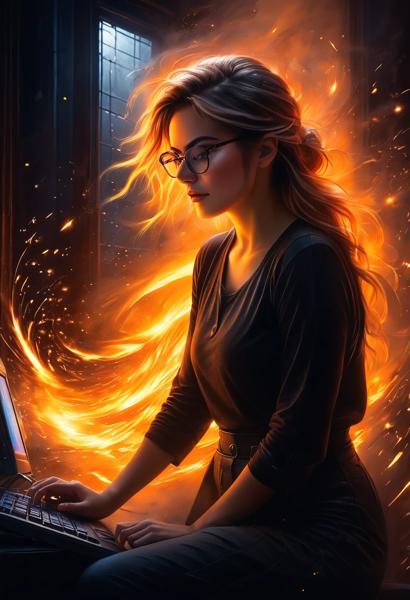 Midjourney, MJ, Midjourney style, pastel, dry chalk, poster, reality, macro, cinematic light, close up details, reality style, score_9, score_8_up, score_7_up, score_6_up, a dramatic cinematic scene featuring a young woman with glasses, intently working on a computer. A swirl of orange sparks erupts from the screen, symbolizing the server overload and a fire. Smoke billows around her, partially obscuring the chaotic environment. The room is dimly lit, and the bright, fiery glow of the sparks illuminates her determined expression. The scene captures a moment of tension and technological crisis, with the contrast between the warm, fiery light and the dark, shadowy surroundings highlighting the intensity of the situation.