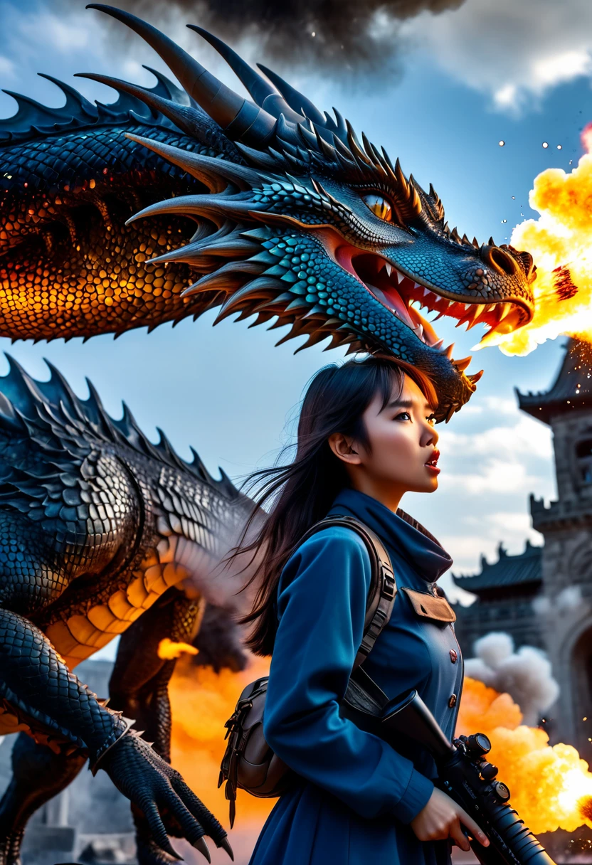 1girl, tall girl shoot a dragon with bazooka, the dragon exploded, super detailed, intricate, extreme quality photoshot, DSLR, UHD, 8k, dramatic light, dramatic exposure, ambient, front view, low angle shot