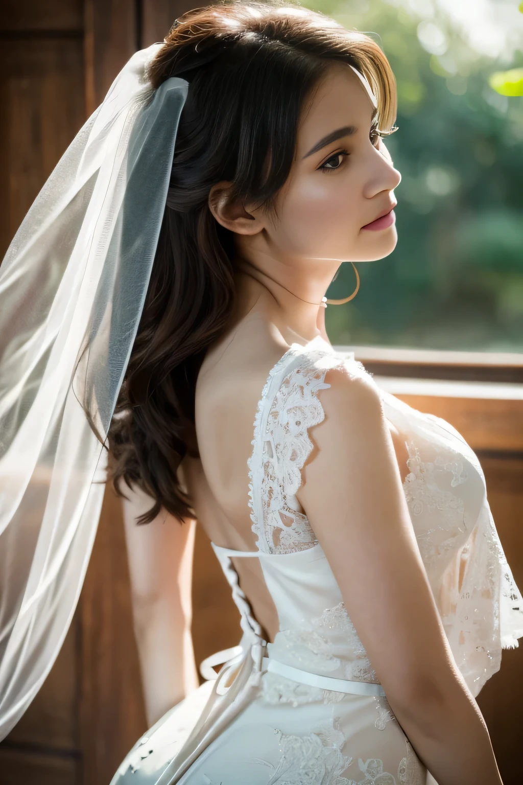 A beautiful young girl in a long, flowing white wedding dress, slender figure with long graceful legs, full-body portrait, highly detailed, photorealistic, (best quality,4k,8k,highres,masterpiece:1.2),ultra-detailed,(realistic,photorealistic,photo-realistic:1.37),stunning, elegant, delicate, serene, natural lighting, warm color tones, intricate lace patterns, sheer fabric, cascading train, soft focus, cinematic composition