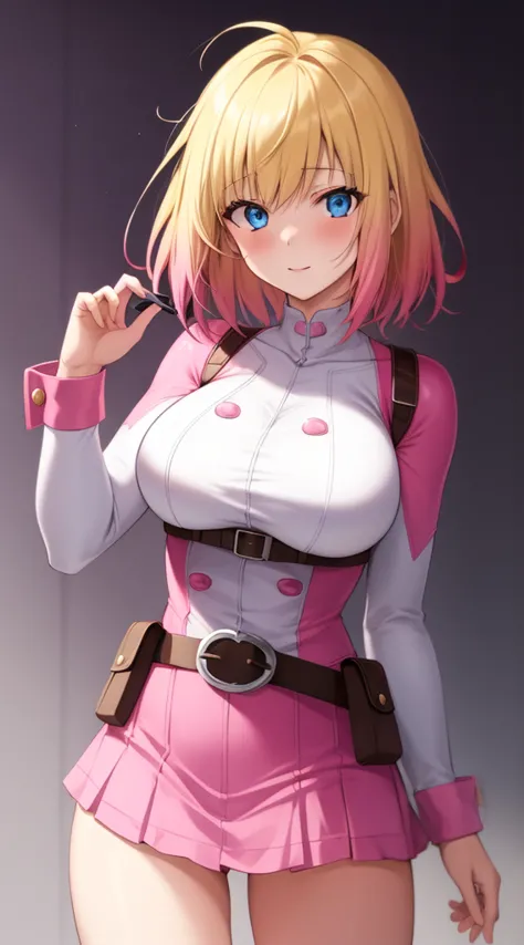 gwenpool, 1girl, blonde hair, multicolored hair, solo, blue eyes, short hair, gradient hair, belt, two-tone hair, pink hair, lar...