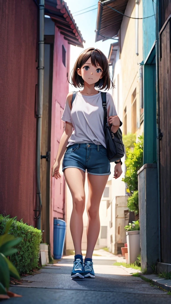 Girl walking down the alley、naked＋Shorts、front view