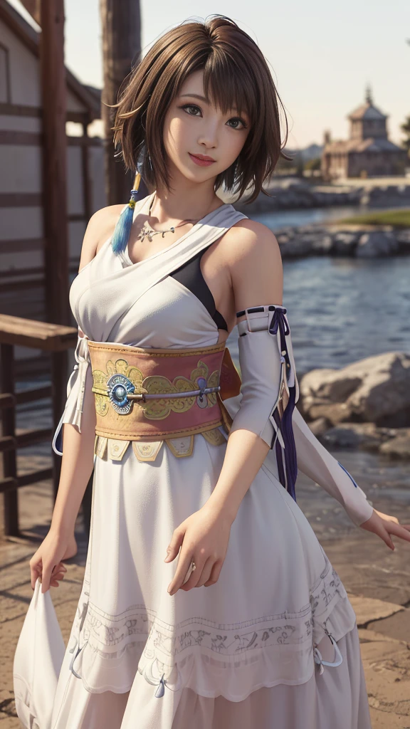 Realistic Skin, (Intricate details), Best lighting, Depth Field, ((ultra High resolutionolution, High resolution)), {High resolution}, {{Very nice 8K CG wallpaper}}, {{Very accurate and detailed}}, ((((masterpiece))), Highest quality, Absurd, Perfect Anatomy, 1 person, alone, Yuna FFX, Heterochromia iridis, short hair, Yuna costume, hair ornaments, Removed sleeve, in the same way, sash, The same skirt, Long skirt, Cowboy Shot, smile,