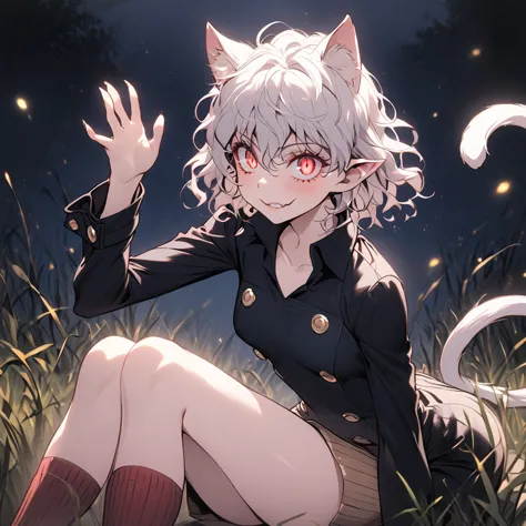 1girl, neferpitou, short hair, red eyes, animal ears, tail, white hair, cat ears, cat tail, curly hair, long sleeves, shorts, mo...