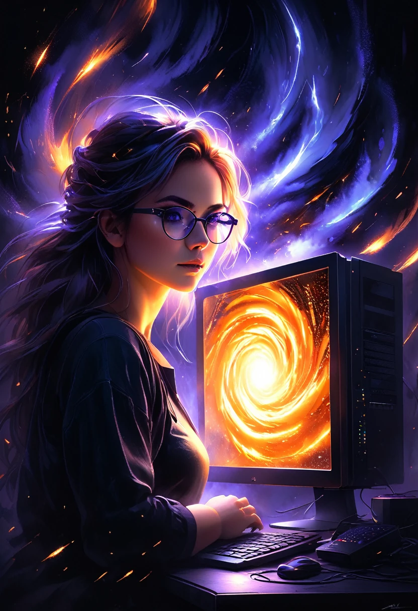 Midjourney, MJ, Midjourney style, pastel, dry chalk, poster, reality, macro, cinematic light, close up details, reality style, score_9, score_8_up, score_7_up, score_6_up, a dramatic cinematic scene featuring a young woman with glasses, intently working on a computer. A swirl of orange sparks erupts from the screen, symbolizing ((server overload: 1.4)) and a fire. Smoke billows around her, partially obscuring the chaotic environment. The room is dimly lit, and the bright, fiery glow of the sparks illuminates her determined expression. The scene captures a moment of tension and technological crisis, with the contrast between the warm, fiery light and the dark, shadowy surroundings highlighting the intensity of the situation.