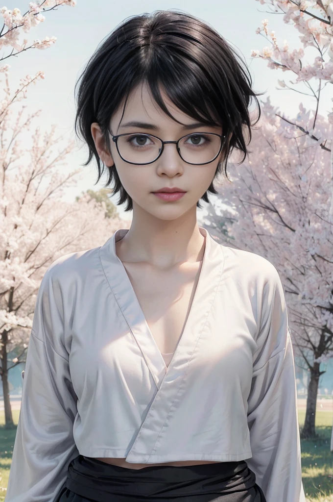 masterpiece, best quality, (realistic,photo-realistic:1.4), (RAW photo:1.2), extremely detailed CG unity 8k wallpaper, delicate and beautiful, amazing,finely detail, official art, absurdres, incredibly absurdres, huge filesize, ultra-detailed,extremely detailed eyes and face,light on face,sarada,(little smile:1.2),(black hair:1.4),(wearing white robe:1.5),(very short hair:1.4),nature,sarada uchiha ,(wearing black framed glasses:1.5),(nature background:1.4),(tube top:1.4)