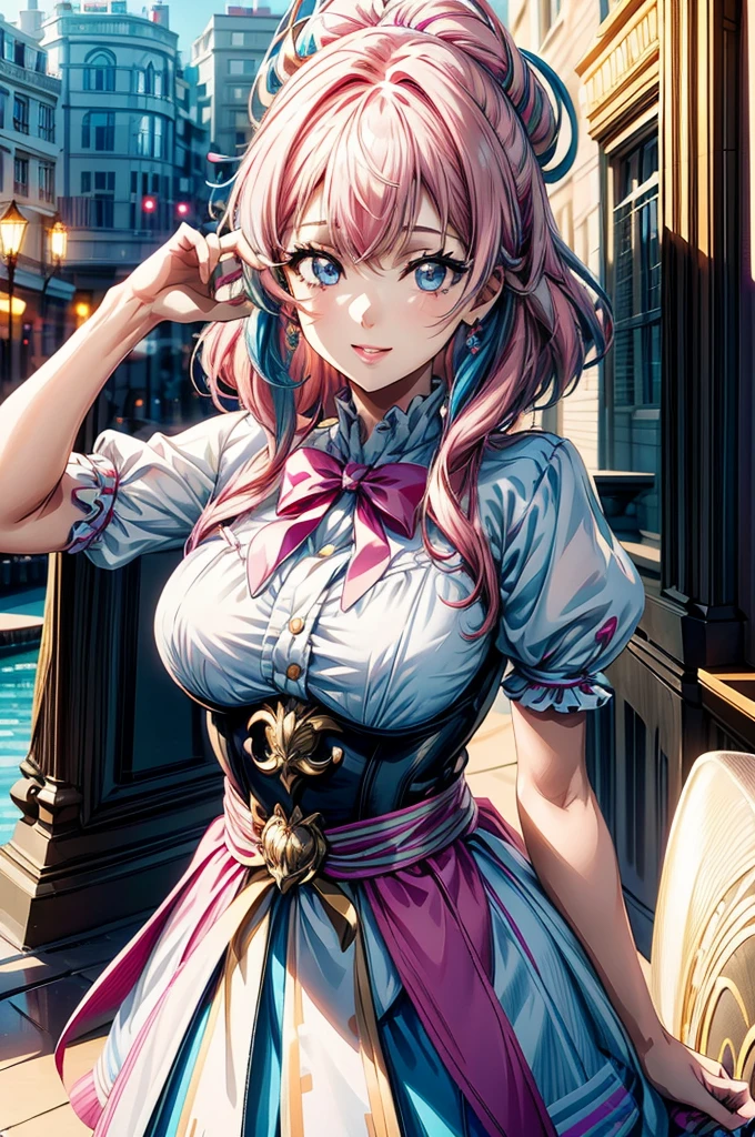 "(Top Quality, Masterpiece, Ultra High Definition, High Resolution, HDR, Unity 8K Wallpaper, Beautiful details, depth, delicacy, vibrant colors). A single girl in an anime style inspired by Epic Seven. She has beautifully detailed eyes, lips and face, and her eyelashes are long. She wears an intricate and revealing gyaru-style uniform, with a mini skirt and cute ribbon accessories. Her hair is multi-colored with a striped curly texture, blending rainbow colors and half white, half pink tones. The focus is on the upper body, and her arms and hands are relaxed and not raised, in a relaxed pose. She captures a smiling expression. The image highlights her charming and adorable appearance with an erotic and cute atmosphere.
The girl's hairstyle is distinctive and different, adding uniqueness to her look. She has four visible fingers, and the joints of her thumb are finely drawn.
The scene is rendered in ultra high definition CG, with vivid details."