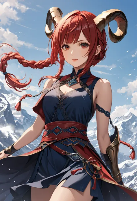 high resolution,woman,red hair,braided ponytail、big horn、