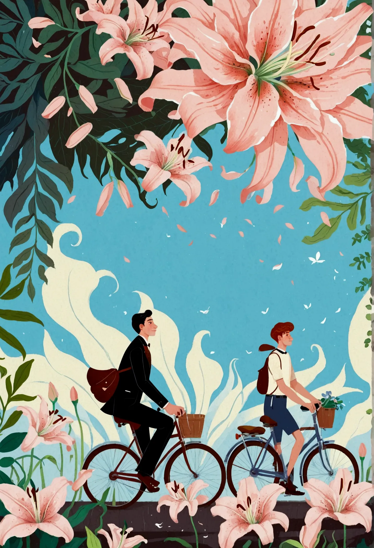 a portrait of bicycle, the background is the petals of an oversized lily, with a men, the flower has green stamens and long leav...