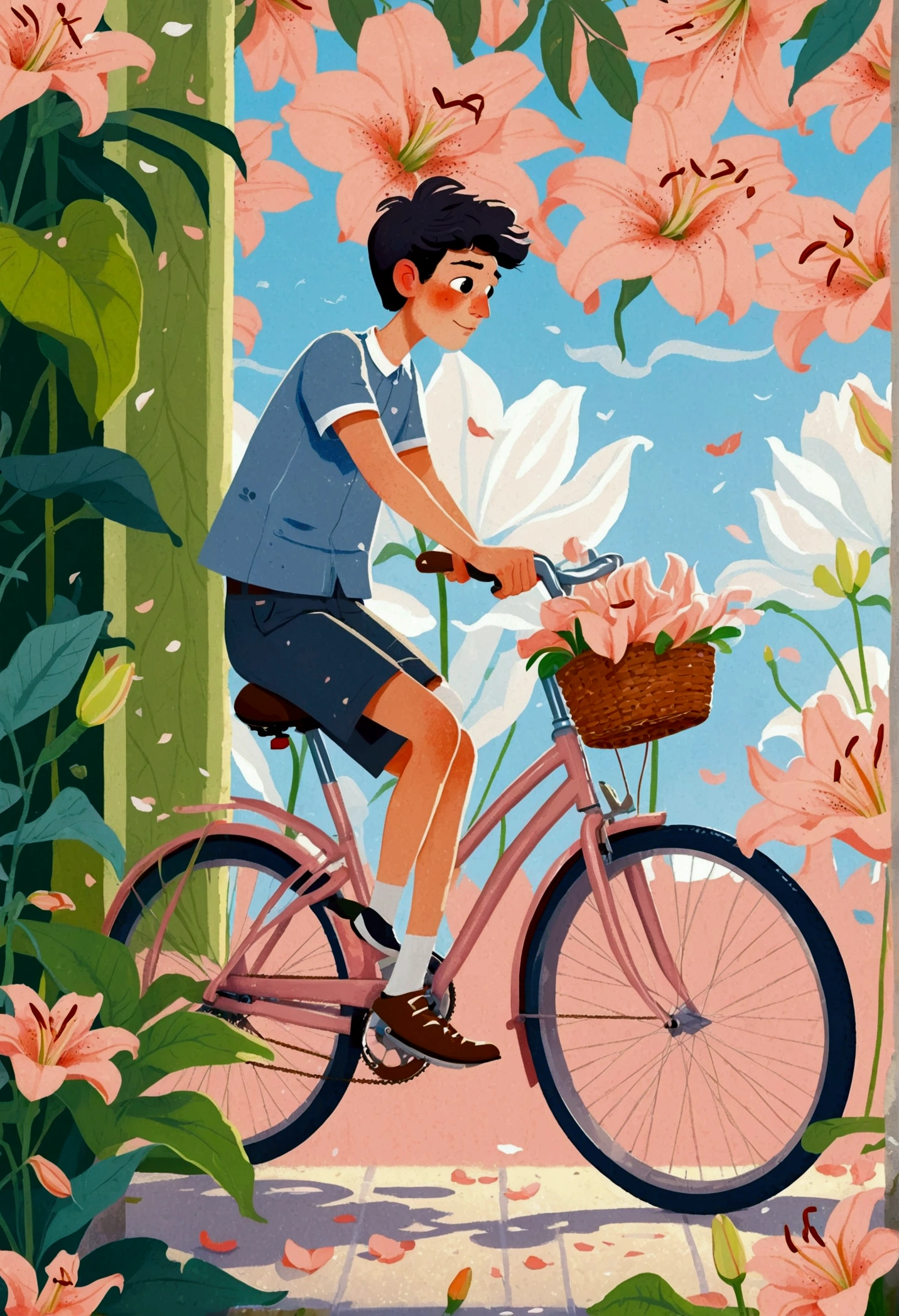 a portrait of Bicycle, the background is the petals of an oversized lily, with a men, The flower has green stamens and long leaves, creating a dreamy effect. In light pink and sky blue tones, this illustration features cartoon characters and vector graphics. It was created using digital painting in the style of artists such as award winning illustrators 