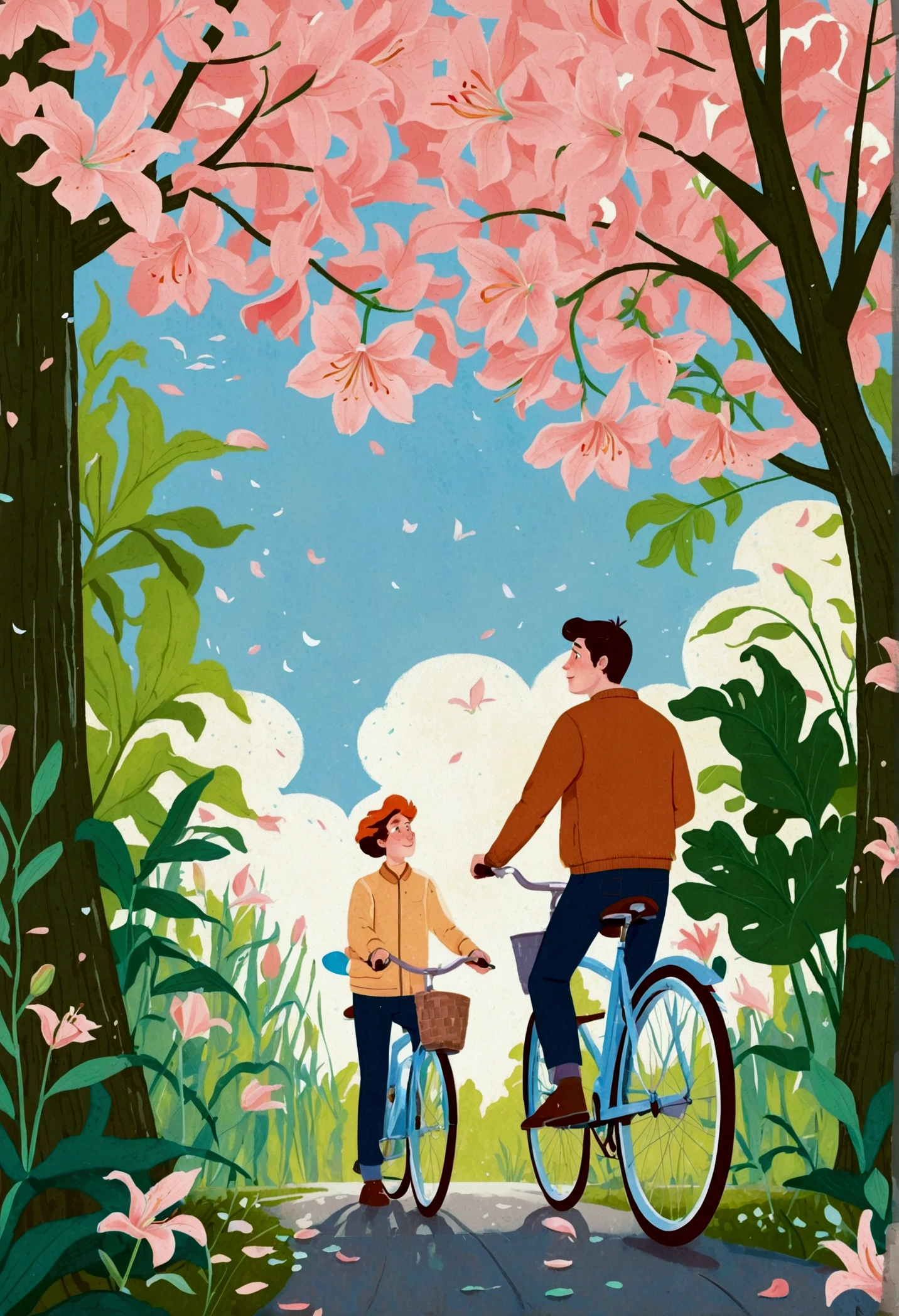 a portrait of Bicycle, the background is the petals of an oversized lily, with a men, The flower has green stamens and long leaves, creating a dreamy effect. In light pink and sky blue tones, this illustration features cartoon characters and vector graphics. It was created using digital painting in the style of artists such as award winning illustrators 