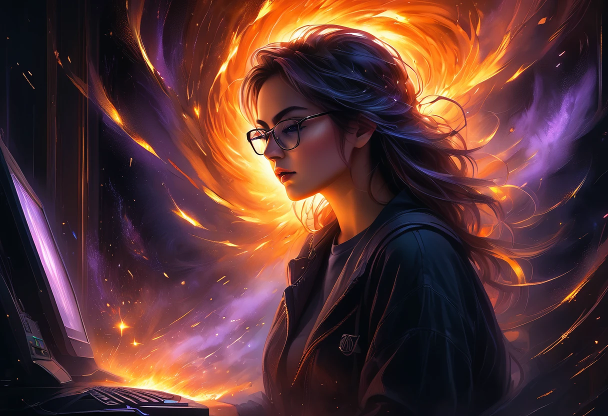 Midjourney, MJ, Midjourney style, pastel, dry chalk, poster, reality, macro, cinematic light, close up details, reality style, score_9, score_8_up, score_7_up, score_6_up, A dramatic cinematic scene featuring a young woman wearing glasses, intently working on a computer. A swirl of orange sparks erupts from the screen, symbolizing ((server overload "SIVITAI: 1.4)) and fire. Smoke swirls around her, partially obscuring the chaotic environment. The room is dimly lit, and the bright, fiery glow of the sparks illuminates her determined expression. The scene captures a moment of tension and technological crisis, with the contrast between the warm, fiery light and the dark, shadowy surroundings highlighting the tension of the situation.