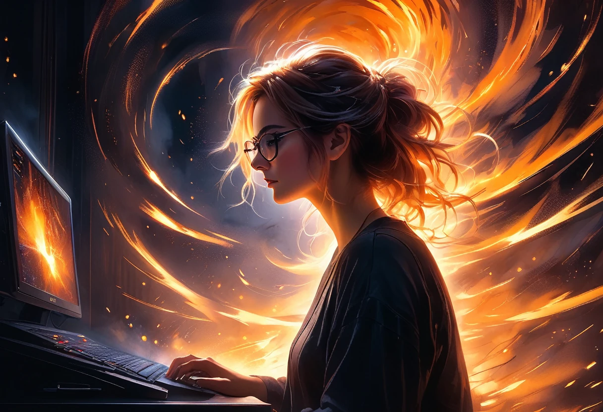 Midjourney, MJ, Midjourney style, pastel, dry chalk, poster, reality, macro, cinematic light, close up details, reality style, score_9, score_8_up, score_7_up, score_6_up, A dramatic cinematic scene featuring a young woman wearing glasses, intently working on a computer. A swirl of orange sparks erupts from the screen, symbolizing ((server overload "SIVITAI: 1.4)) and fire. Smoke swirls around her, partially obscuring the chaotic environment. The room is dimly lit, and the bright, fiery glow of the sparks illuminates her determined expression. The scene captures a moment of tension and technological crisis, with the contrast between the warm, fiery light and the dark, shadowy surroundings highlighting the tension of the situation.