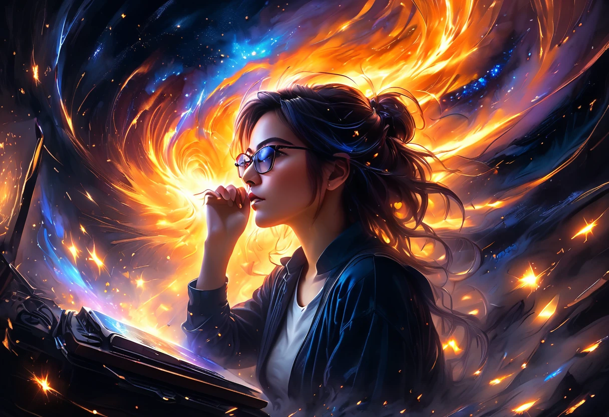 Midjourney, MJ, Midjourney style, pastel, dry chalk, poster, reality, macro, cinematic light, close up details, reality style, score_9, score_8_up, score_7_up, score_6_up, A dramatic cinematic scene featuring a young woman wearing glasses, intently working on a computer. A swirl of orange sparks erupts from the screen, symbolizing ((server overload "SIVITAI: 1.4)) and fire. Smoke swirls around her, partially obscuring the chaotic environment. The room is dimly lit, and the bright, fiery glow of the sparks illuminates her determined expression. The scene captures a moment of tension and technological crisis, with the contrast between the warm, fiery light and the dark, shadowy surroundings highlighting the tension of the situation.