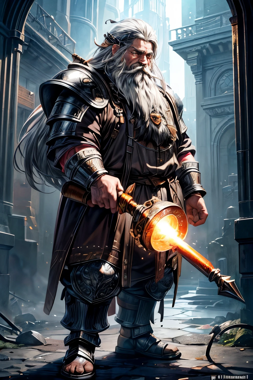 (masterpiece, best quality, photorealistic, hyperdetailed, 8k, award-winning), (adult male dwarf), (fantasy), long white beard, silver hair, piercing orange eyes, ornate dwarven armor, large hammer, industrial smithy, short stature, iron helmet, molten metal, sparks, glowing forge