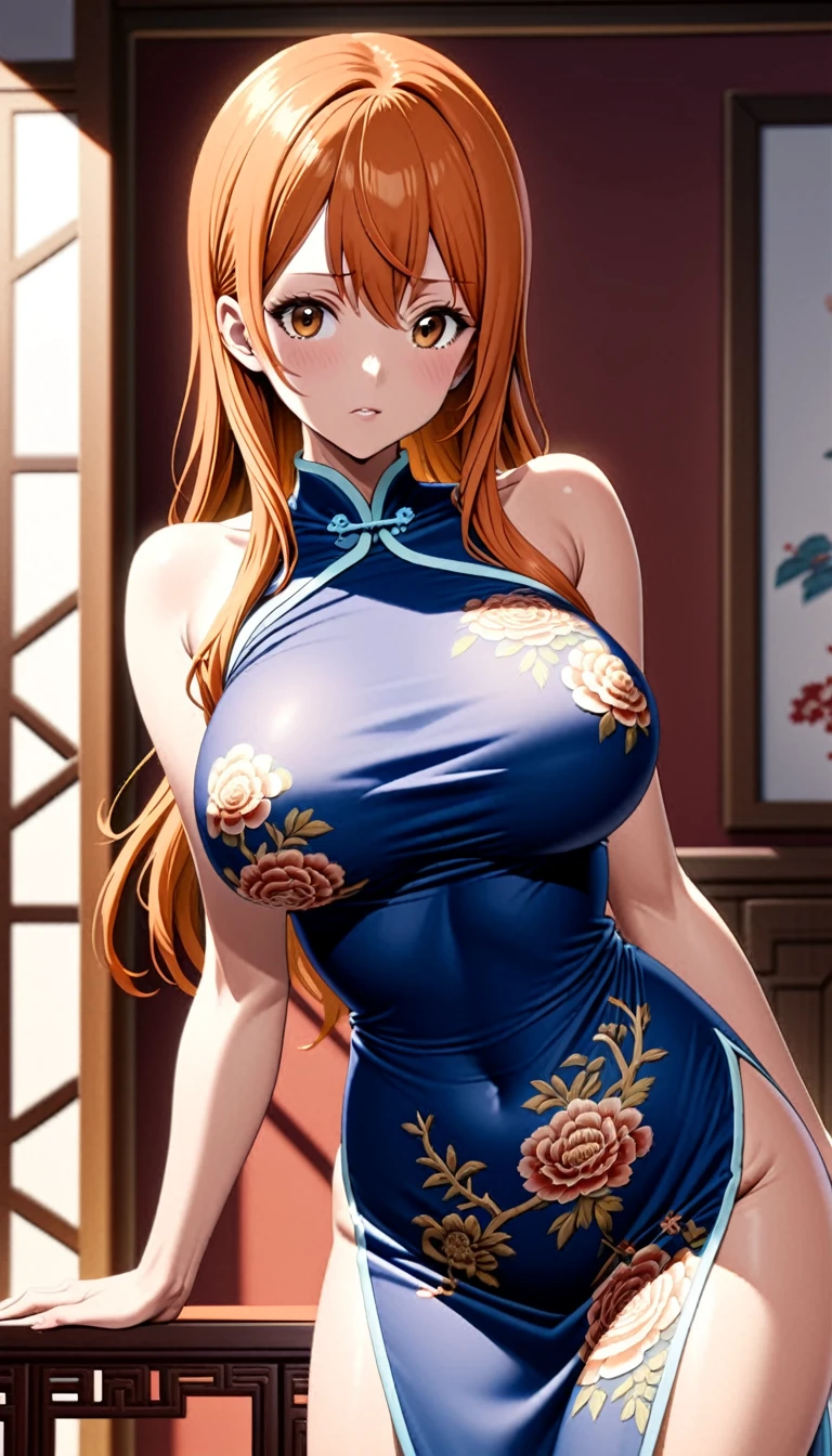 (Highest quality)、(Masterpiece)、(Very detailed)、(8k)、One Woman、、Large Breasts、Nami、Orange Hair、Are standing、China dress