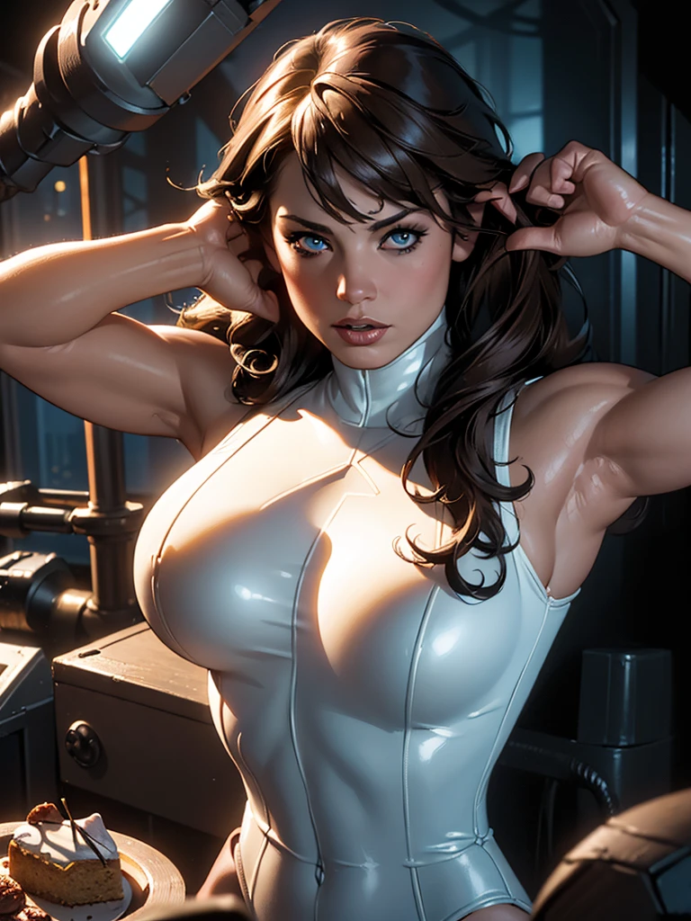 (best qualityer)), ((work of art)), (detailded: 1.4), (absurdrez), Erica Durance as a war-ready fighter pilot, White leather cyberpunk clothes, with spectacular abstract designs, defined muscular sculptural body, half thick bare thighs, mouth between open, generous neckline, ((perfect large breasts)), (alluring blue eyes), ((white and orange clothes)), (((long brown hair)))), long black eyelashes heavy makeup, close to real, pose sexy, fractal background, 2 piece outfit, cake, centred, scale to fit dimensions, HDR (high-range dynamics),ray tracing,nvidia RTX,Super-resolution,Irreal 5, underground dispersal, PBR Texture, Post-processing, Anisotropic filtering, Depth of field, Maximum clarity and sharpness, Multilayer textures, Albedo and Mirror Maps, Surface shading, Accurate simulation of light-material interaction, perfect proportions, octane rendering, two tone lighting, large aperture, Low ISO, White balance, rule of thirds, 8k cru, traje cristiano
