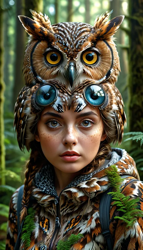 a highly detailed and realistic 4k 8k illustration of a person with four eyes and an owl-like body in a forest, (best quality,4k...