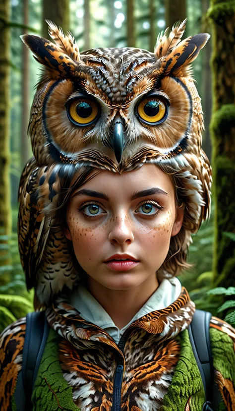 a highly detailed and realistic 4k 8k illustration of a person with four eyes and an owl-like body in a forest, (best quality,4k...