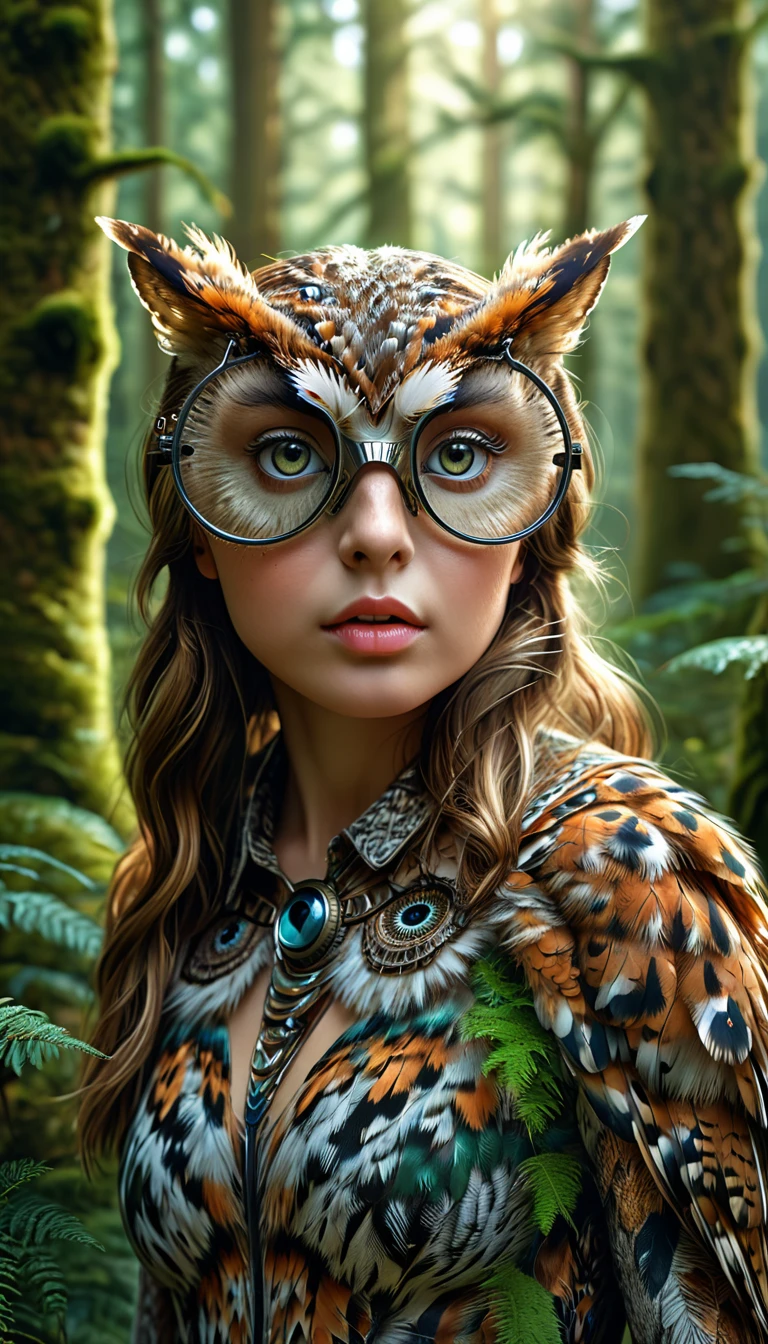 a highly detailed and realistic 4k 8k illustration of a person with four eyes and an owl-like body in a forest, (best quality,4k,8k,highres,masterpiece:1.2),ultra-detailed,(realistic,photorealistic,photo-realistic:1.37),extremely detailed animal,complex patterns,realistic lighting