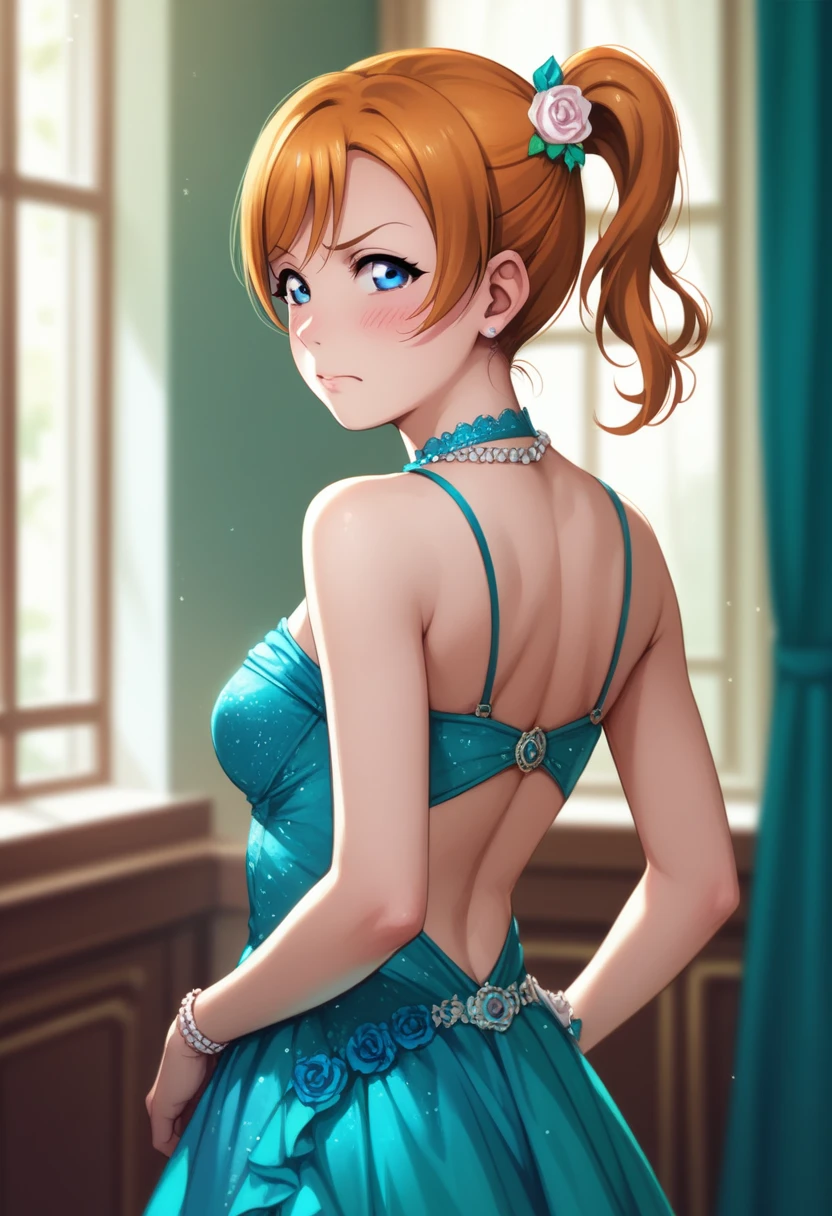 (Masterpiece, High quality), realistic anime style, love live,kousaka honoka love live, orange hair, blue eyes, illustration, beautiful, Blushing, breasts, solo, form fitting idol dress،standing,ass focus ,annoyed 