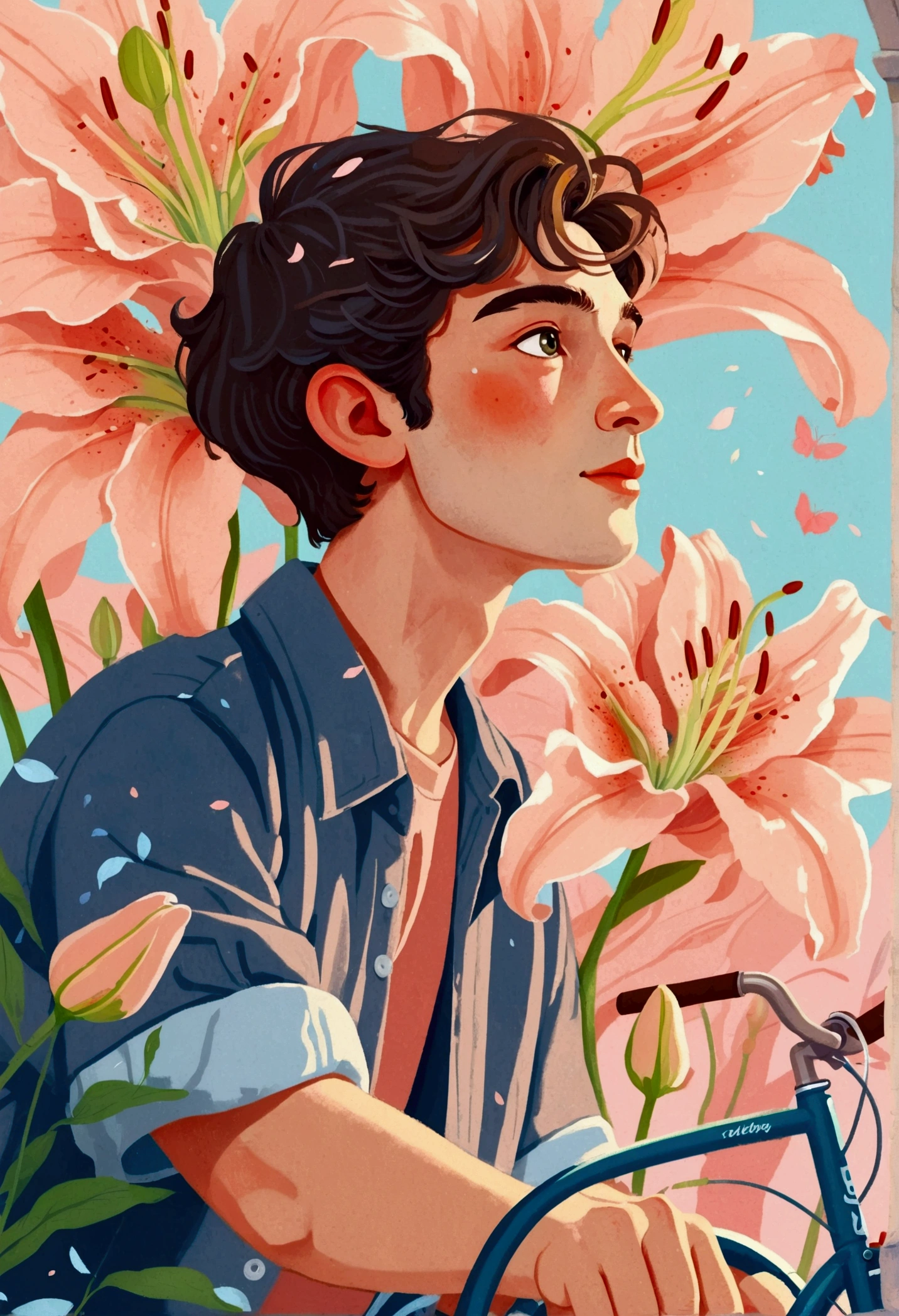 a portrait of Bicycle, the background is the petals of an oversized lily, with a men, The flower has green stamens and long leaves, creating a dreamy effect. In light pink and sky blue tones, this illustration features cartoon characters and vector graphics. It was created using digital painting in the style of artists such as award winning illustrators 